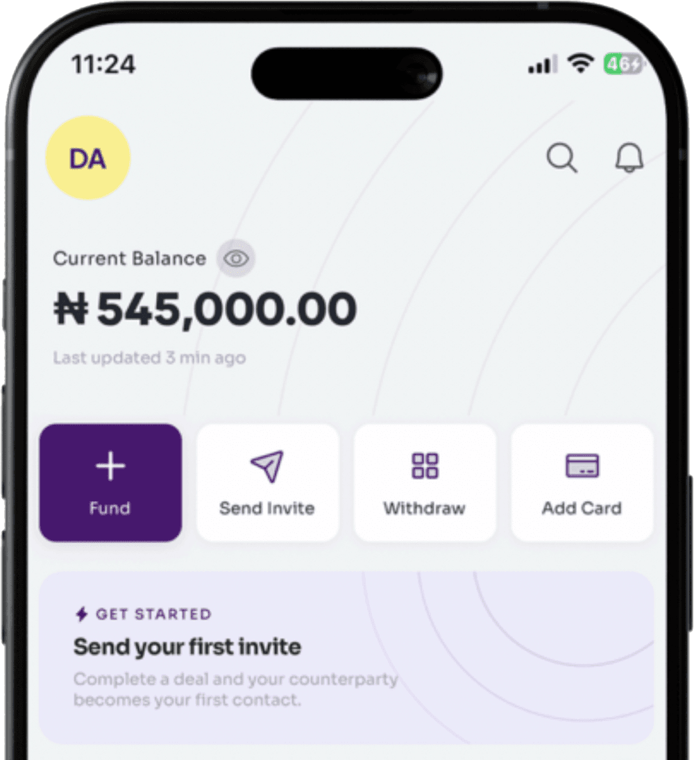 The KetaPay app home screen: โฆ545,000 balance, Fund, Send Invite, Withdraw and Add Card, and a Send your first invite card